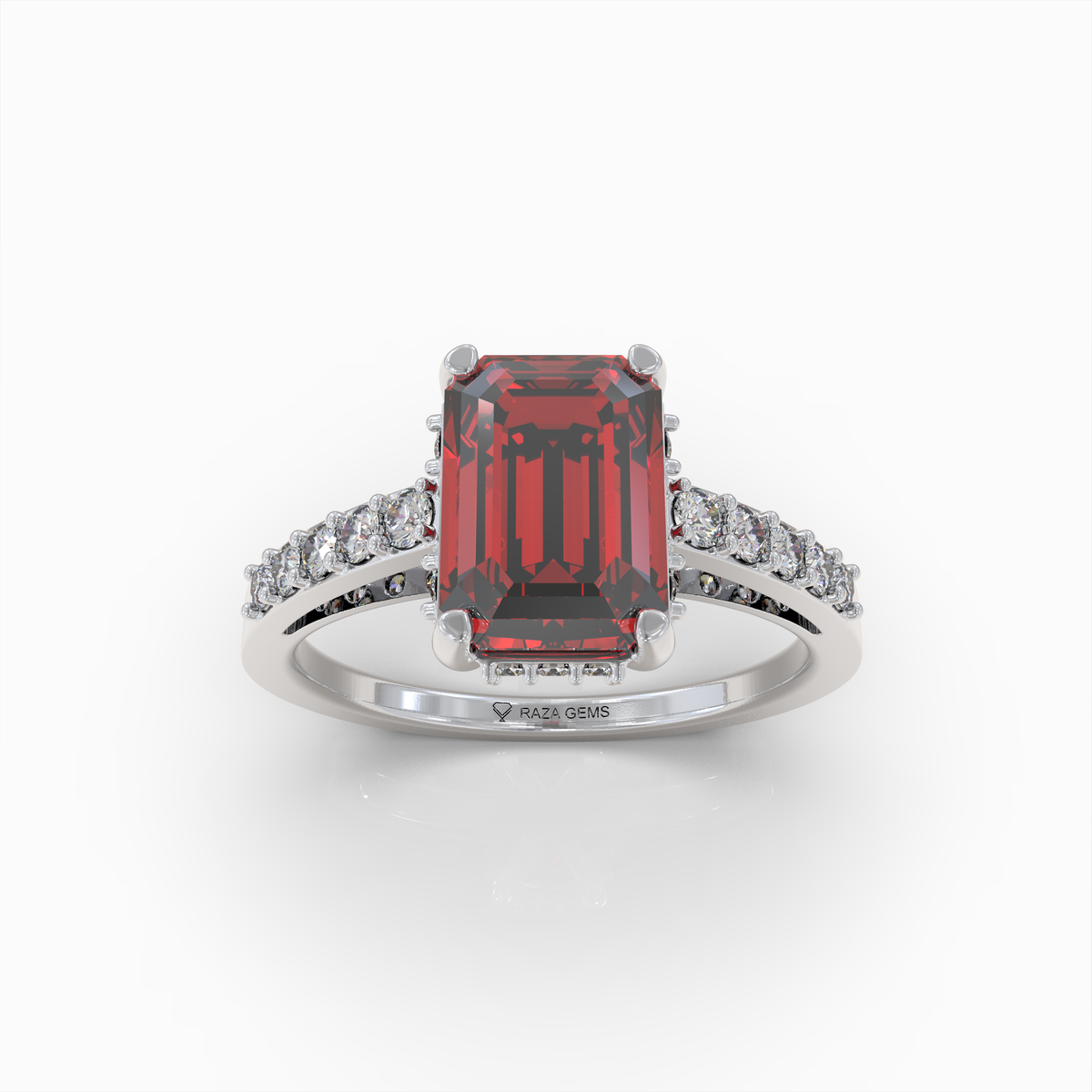 Amelia - 18K Solid Gold Emerald-Cut Natural Almandine Garnet Ring with Moissanite Band | Yellow, White & Rose Gold