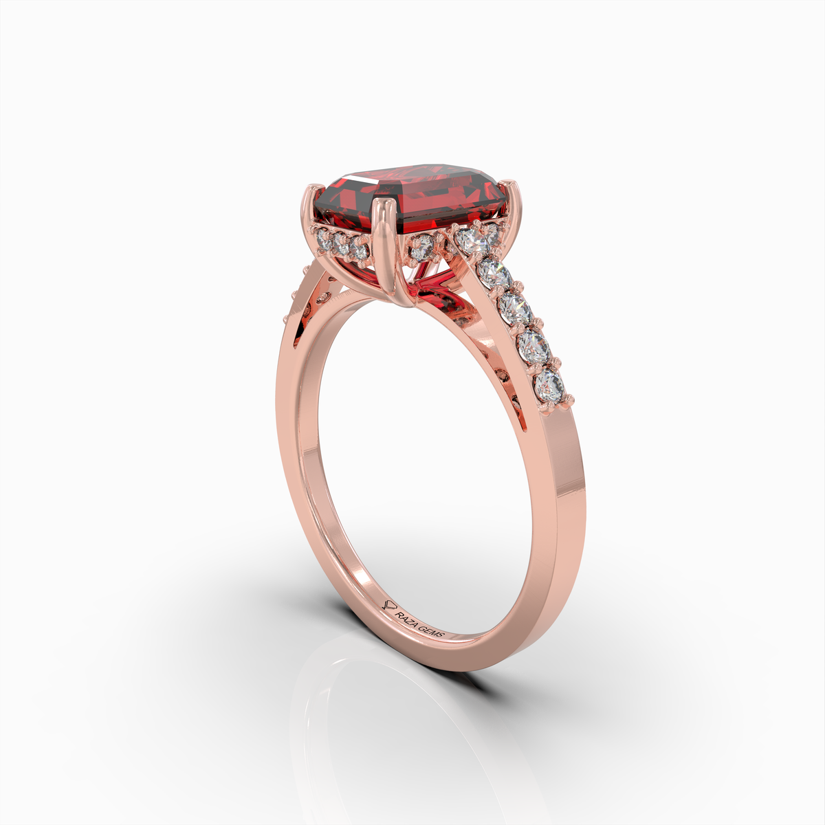 Amelia - 18K Solid Gold Emerald-Cut Natural Almandine Garnet Ring with Moissanite Band | Yellow, White & Rose Gold