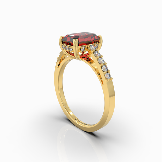 Amelia - 18K Solid Gold Emerald-Cut Natural Almandine Garnet Ring with Moissanite Band | Yellow, White & Rose Gold
