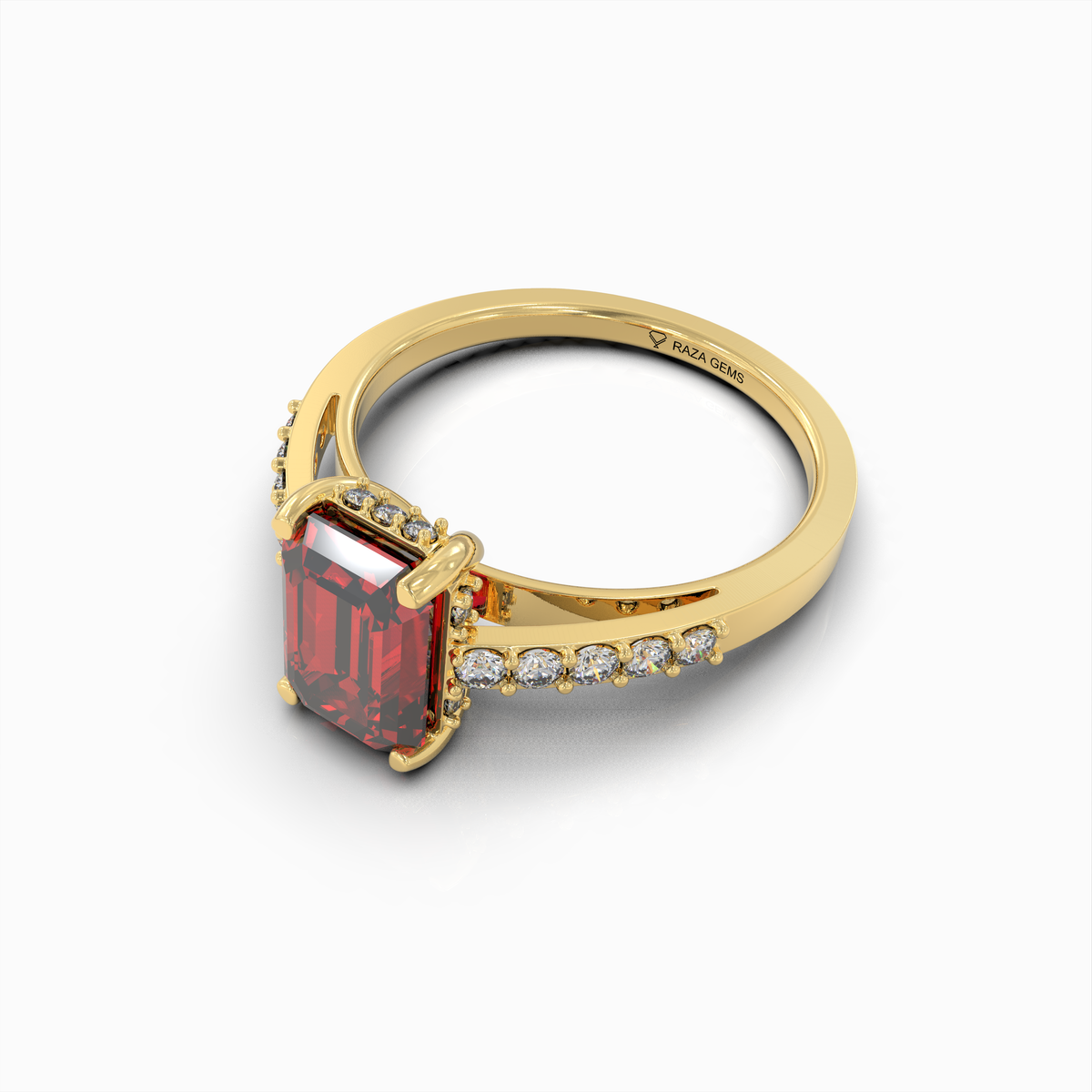 Amelia - 18K Solid Gold Emerald-Cut Natural Almandine Garnet Ring with Moissanite Band | Yellow, White & Rose Gold