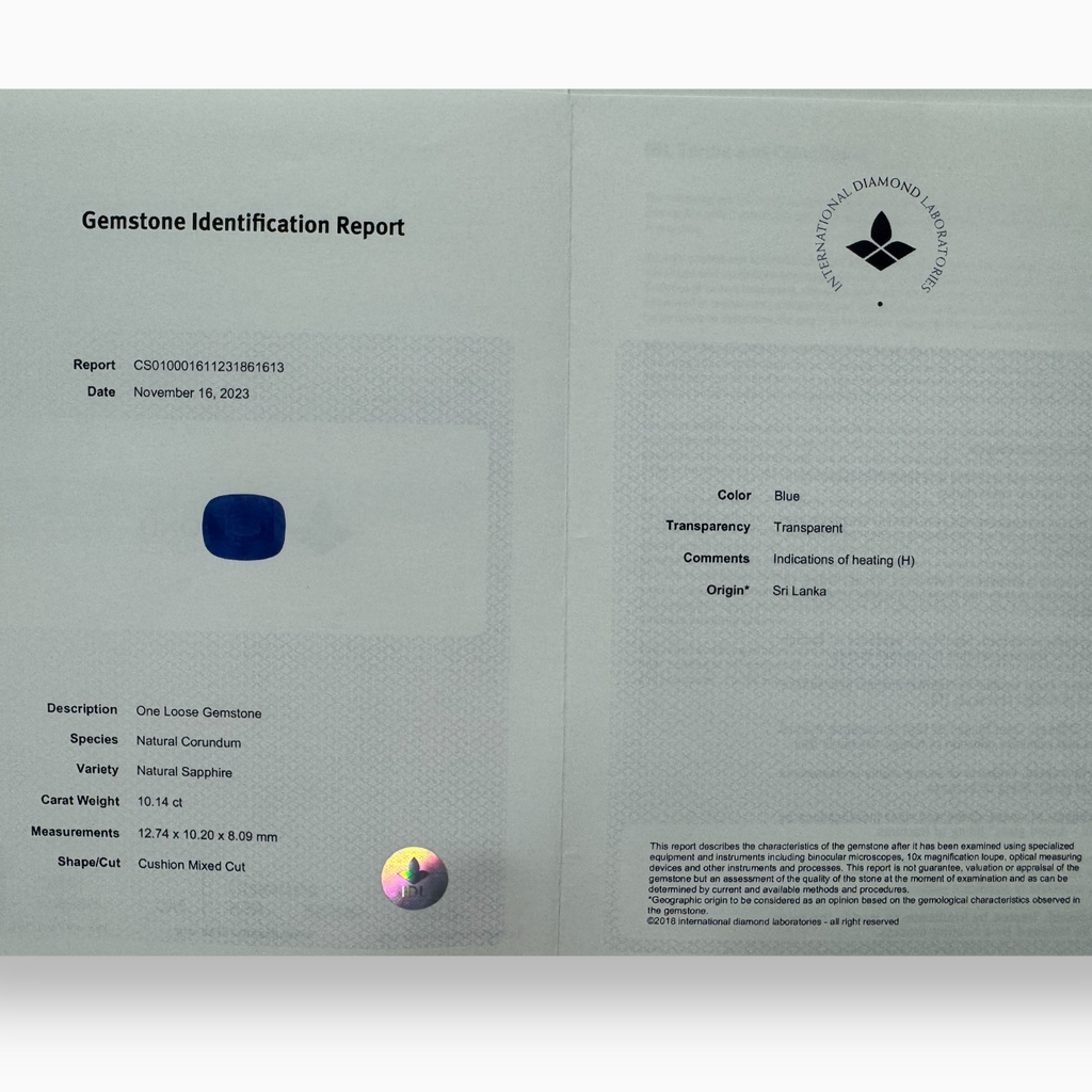 Blue Sapphire Cushion Shape 10.14 Carats IDL Certified