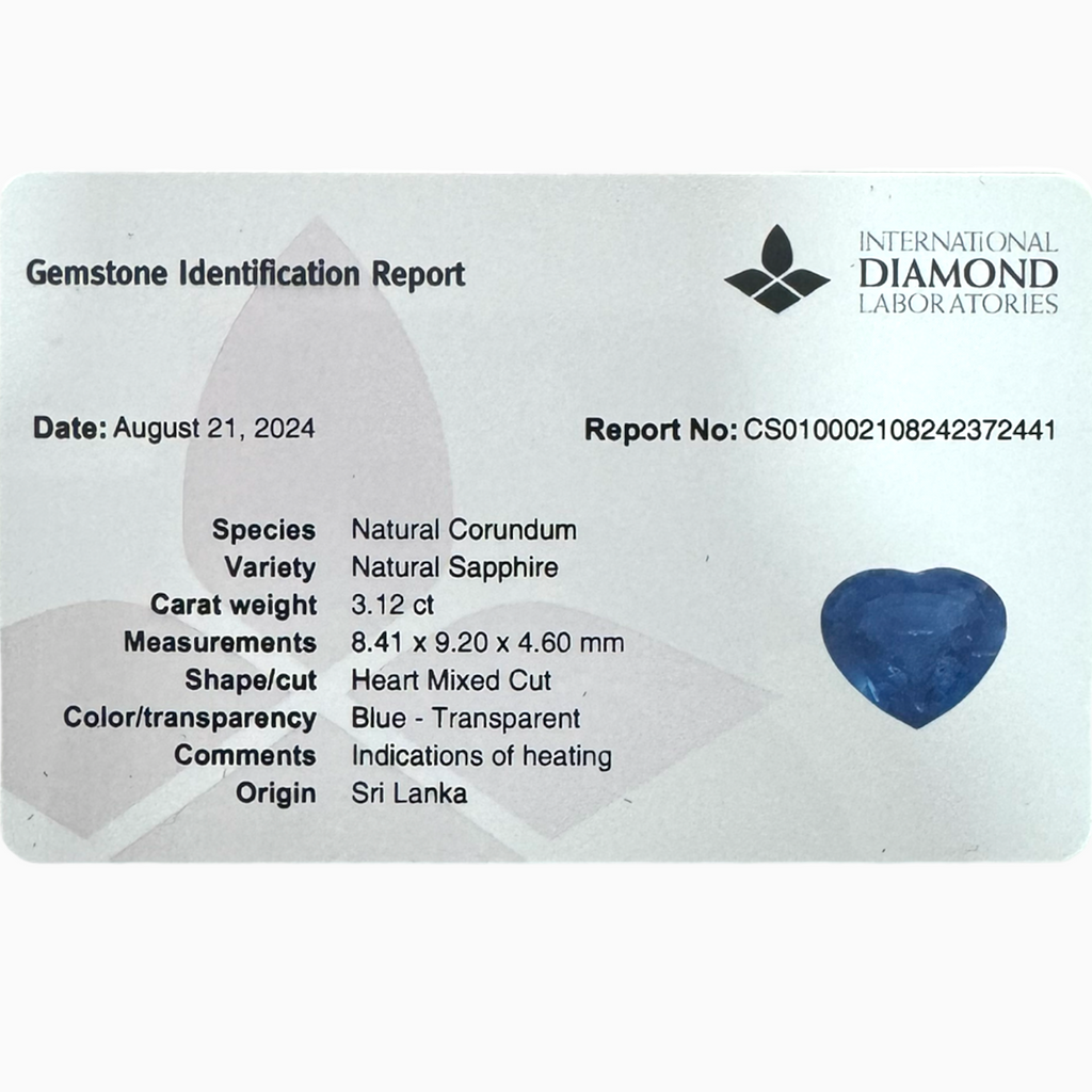 Natural Blue Sapphire Stone 3.12 Carats Heart Shape 8.41X9.20mm Certified