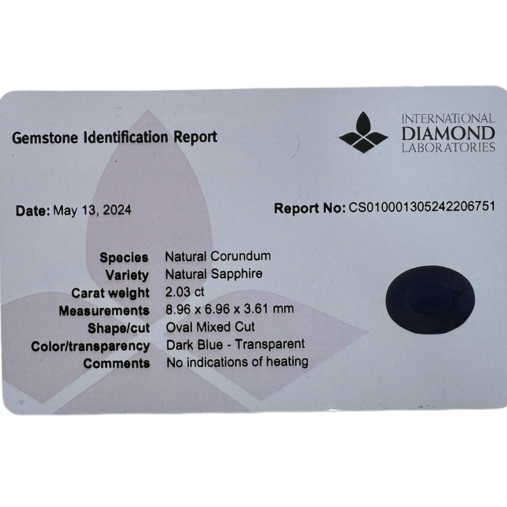 Blue Sapphire Oval 2.03 Carats 8.96 x 6.96 x 3.61 mm Dark Blue