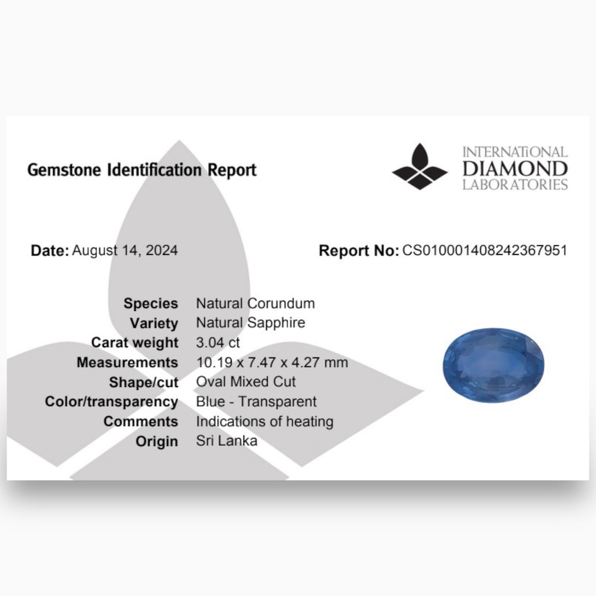 Blue Sapphire Oval Stone 3.04 Carats From Srilanka
