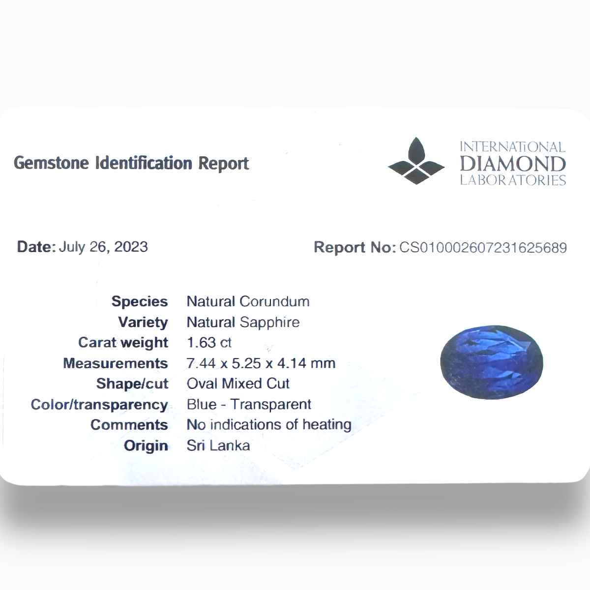 Blue Sapphire Stone 1.63 ct Oval 7.44 x 5.25 x 4.14 mm from Srilanka