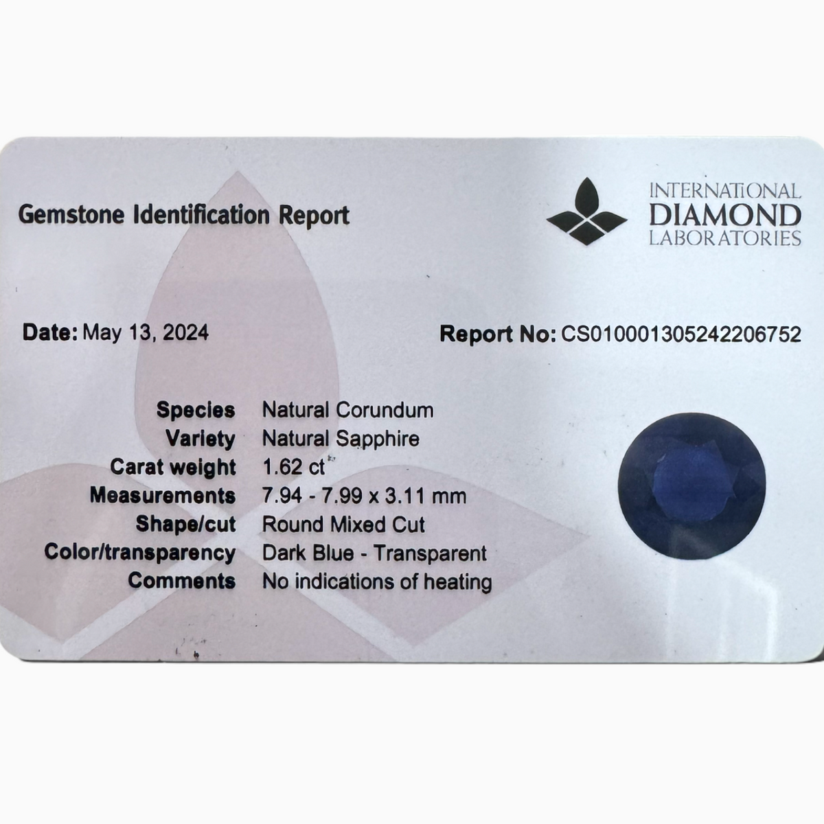 Blue Sapphire Stone Round 1.62 Carats Certified by IDL from Srilanka