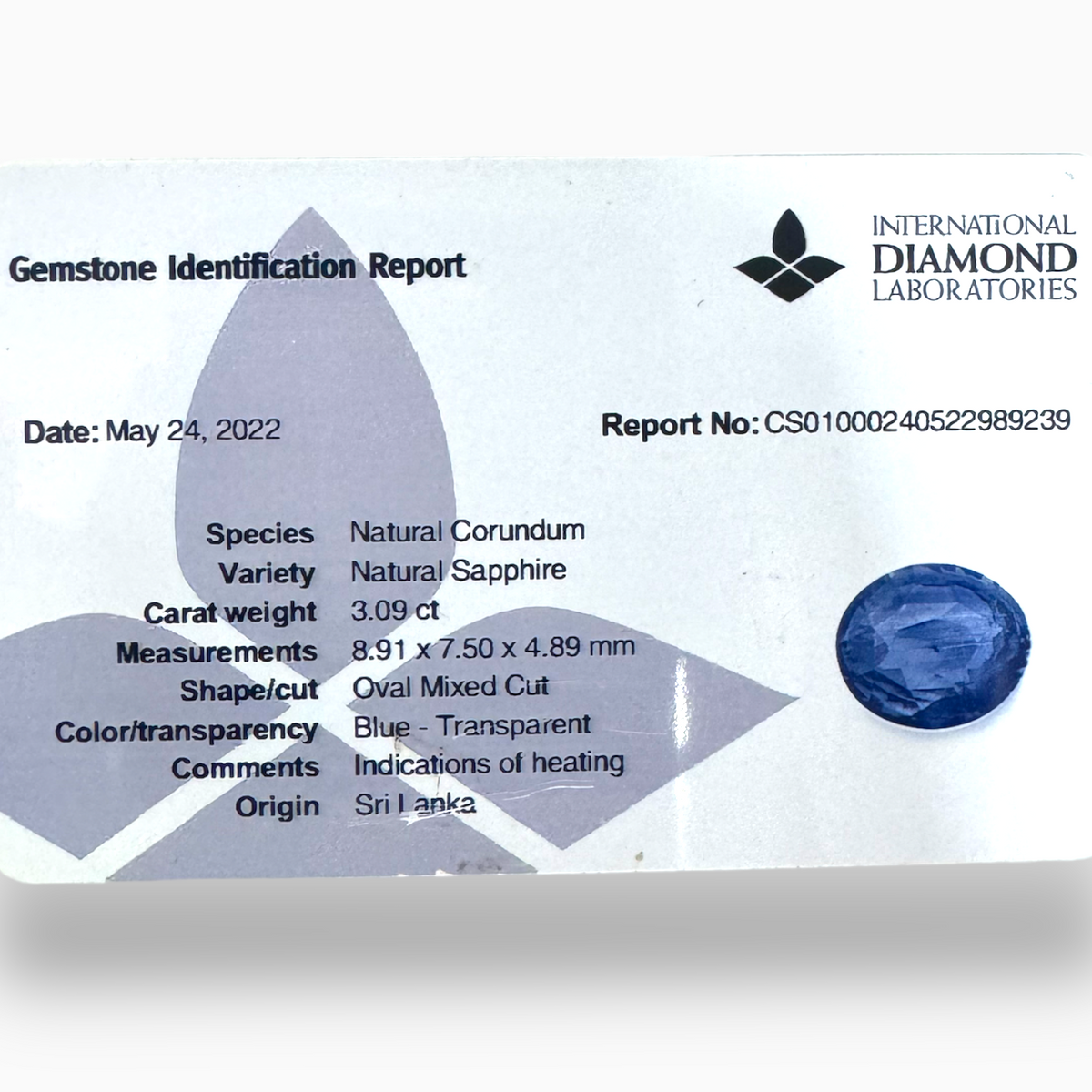 Blue Sapphire Stone in 3.09 ct Oval 8.91 x 7.50 x 4.89 mm from Sri Lanka