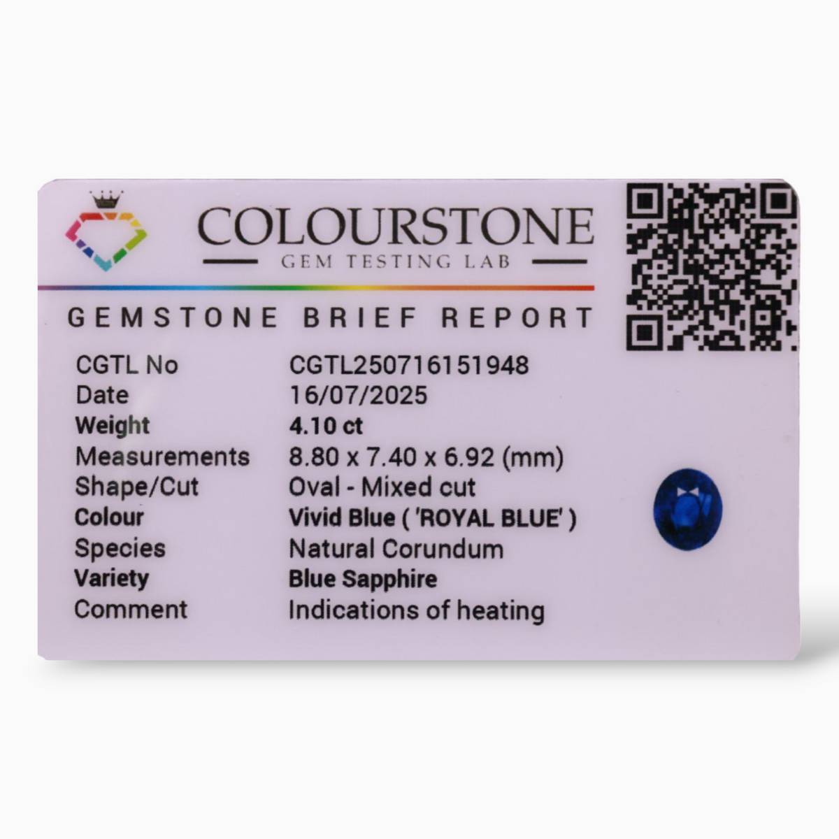 Natural Blue Sapphire 4.10 Carats in Oval Shape & 8.80x7.36x6.89mm Size from Sri lanka