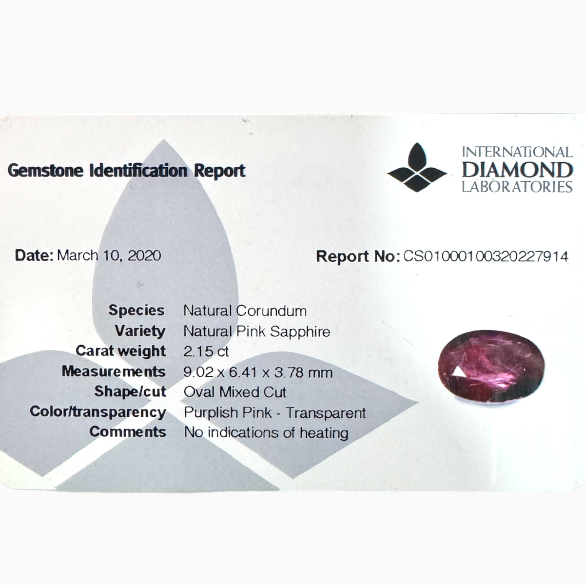 Certified Pink Sapphire Oval Stone 2.15 Carats 9.02 × 6.41 × 3.78 mm