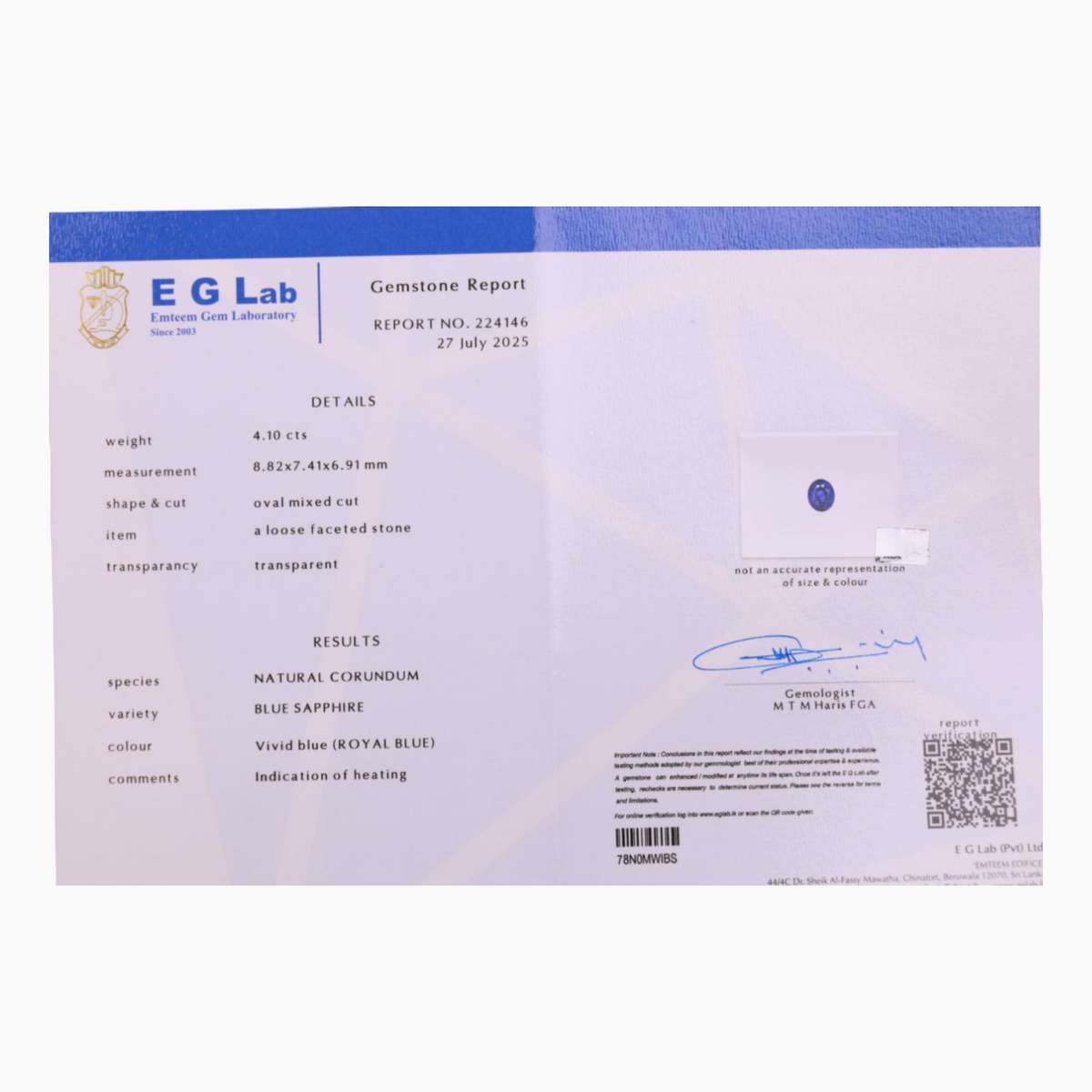 Natural Blue Sapphire 4.10 Carats in Oval Shape & 8.80x7.36x6.89mm Size from Sri lanka