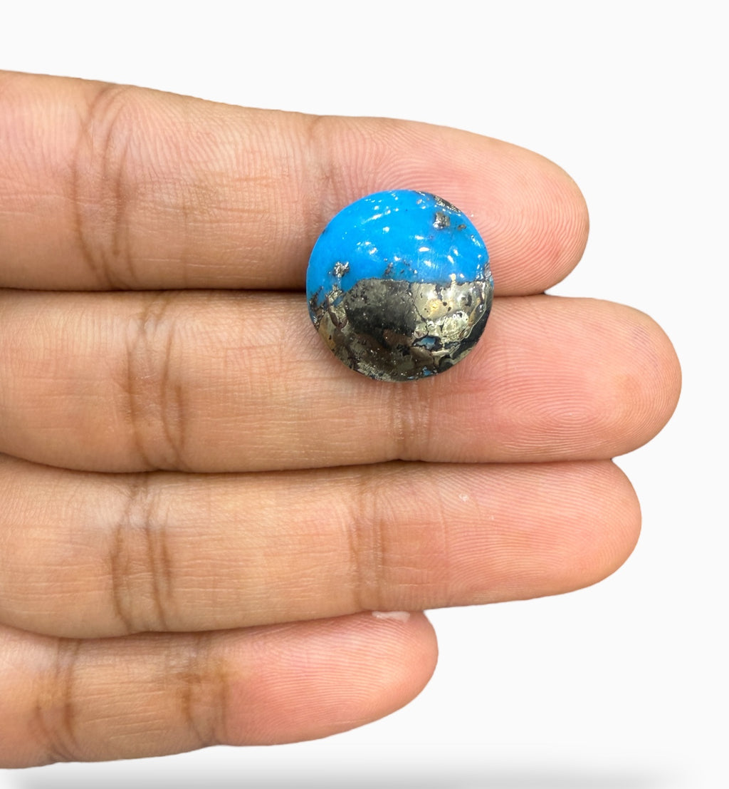 Feroza Stone Round Cabochon 20.89 Carats 17 mm Half Pyrite Half Turquoise