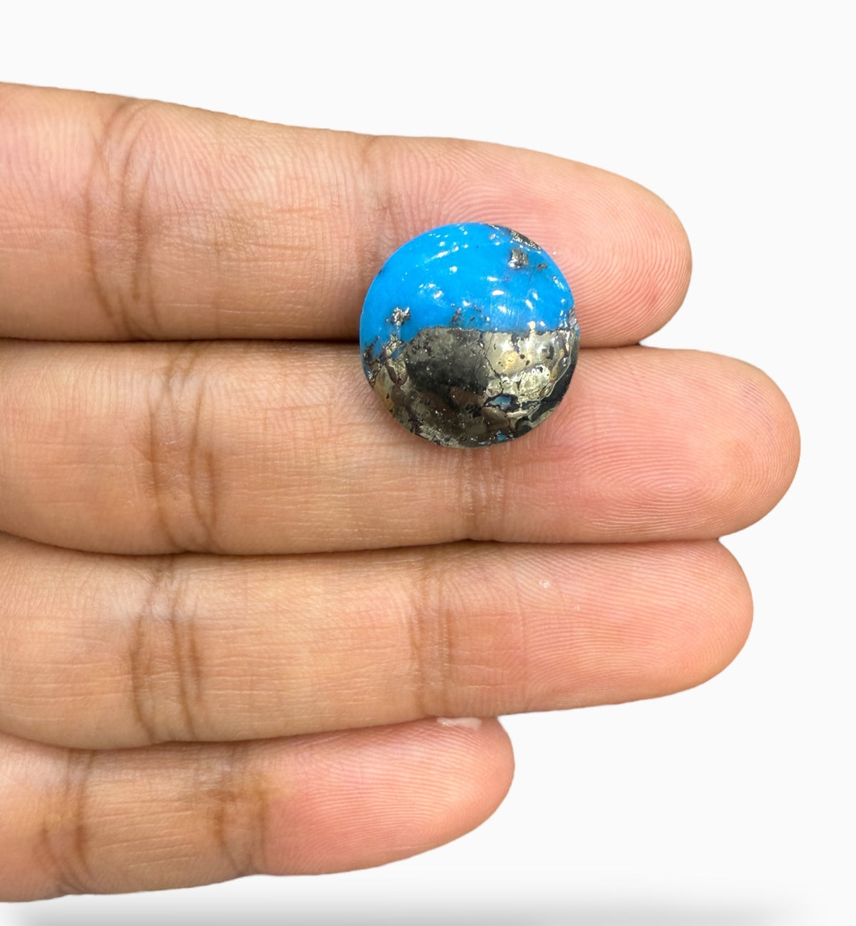 Feroza Stone Round Cabochon 20.89 Carats 17 mm Half Pyrite Half Turquoise