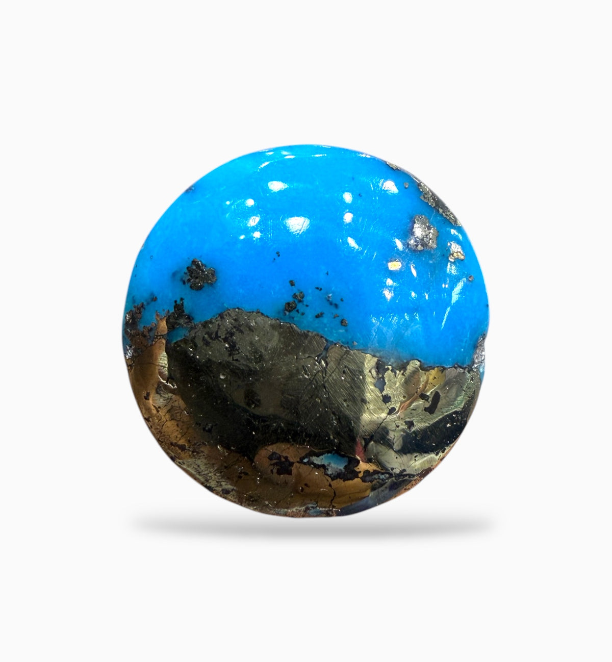 Feroza Stone Round Cabochon 20.89 Carats 17 mm Half Pyrite Half Turquoise