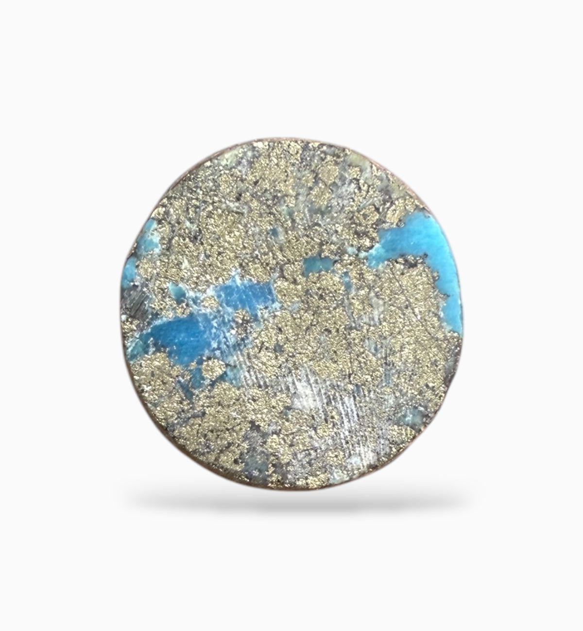 Feroza Stone Round Cabochon 20.89 Carats 17 mm Half Pyrite Half Turquoise