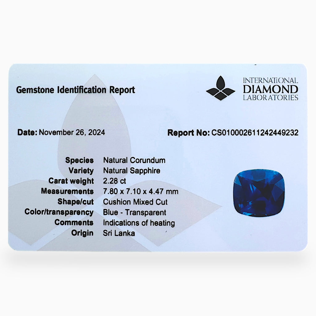 Natural Blue Sapphire Precious Stone Cushion Shape 2.28 Carats Size 7.80x7.10x4.47mm