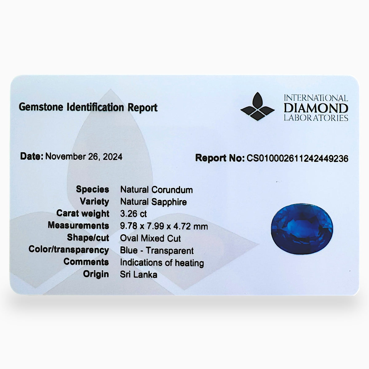 Natural Blue Sapphire Precious Stone Oval Shape 3.26 Carats Size 9.78x7.99x4.72mm
