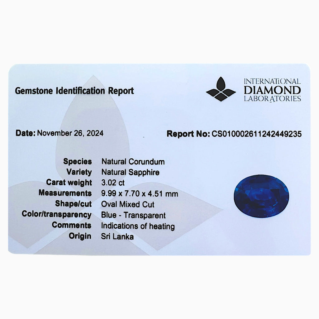 Natural Blue Sapphire Precious Stone Oval Shape 3.02 Carats 9.99x7.70x4.51mm