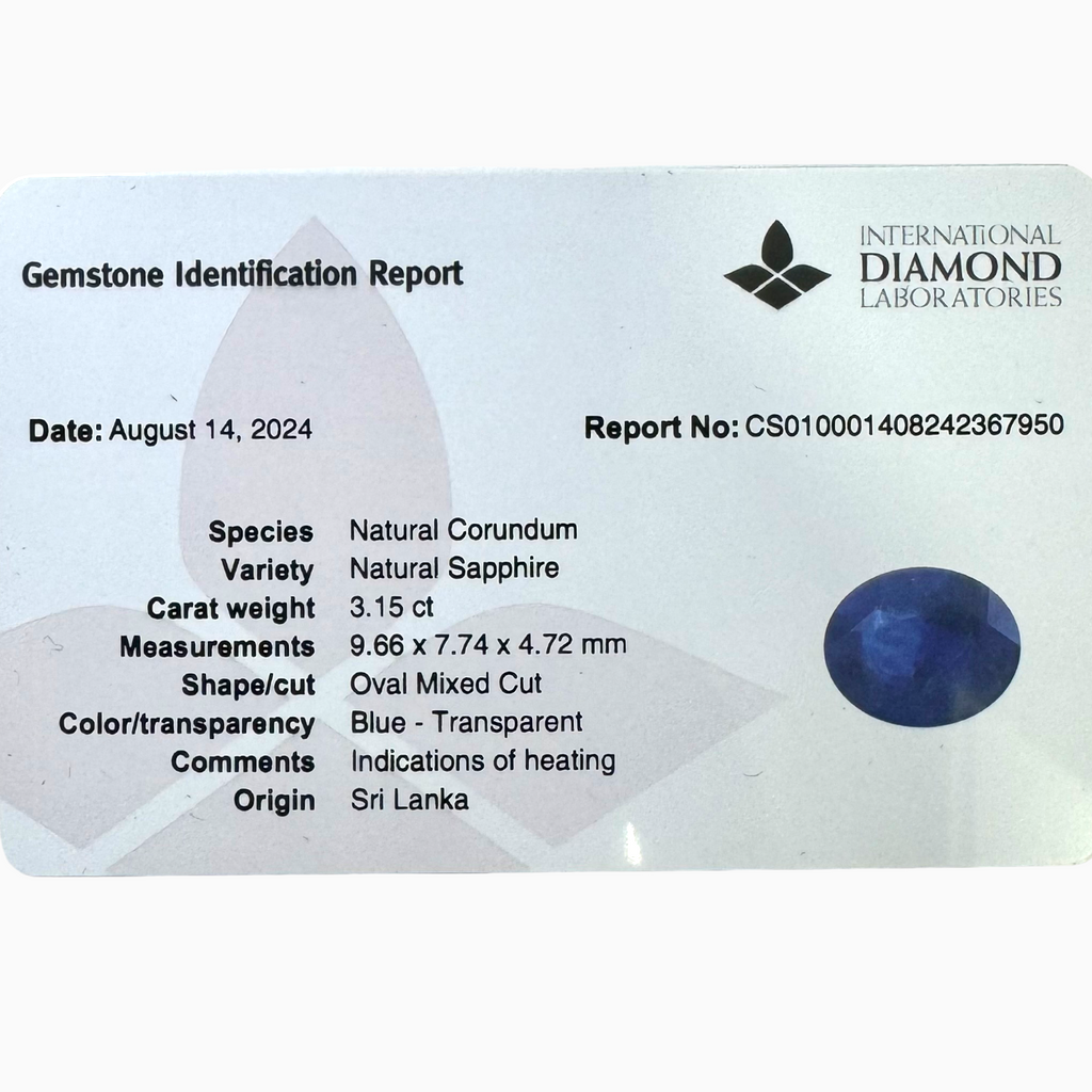 Natural Blue Sapphire Stone 3.15 ct Oval Shape 9.66X7.74mm IDL Certified