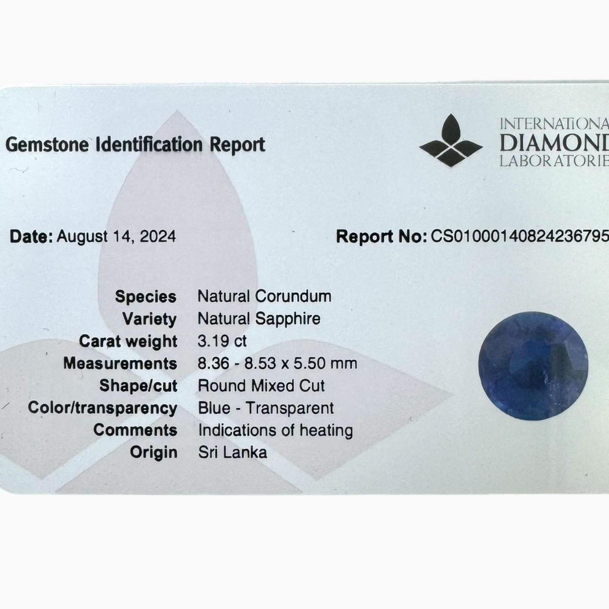 Natural Blue Sapphire Stone 3.19 carats Round Shape 8.36X8.53mm IDL Certified