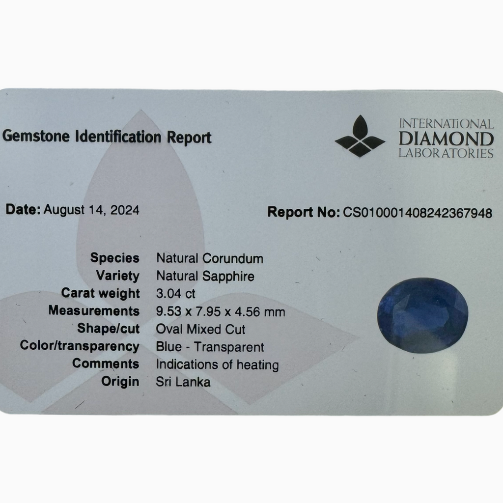 Natural Blue Sapphire Stone 3.04 carats Oval Shape 10.19X7.47mm IDL Certified