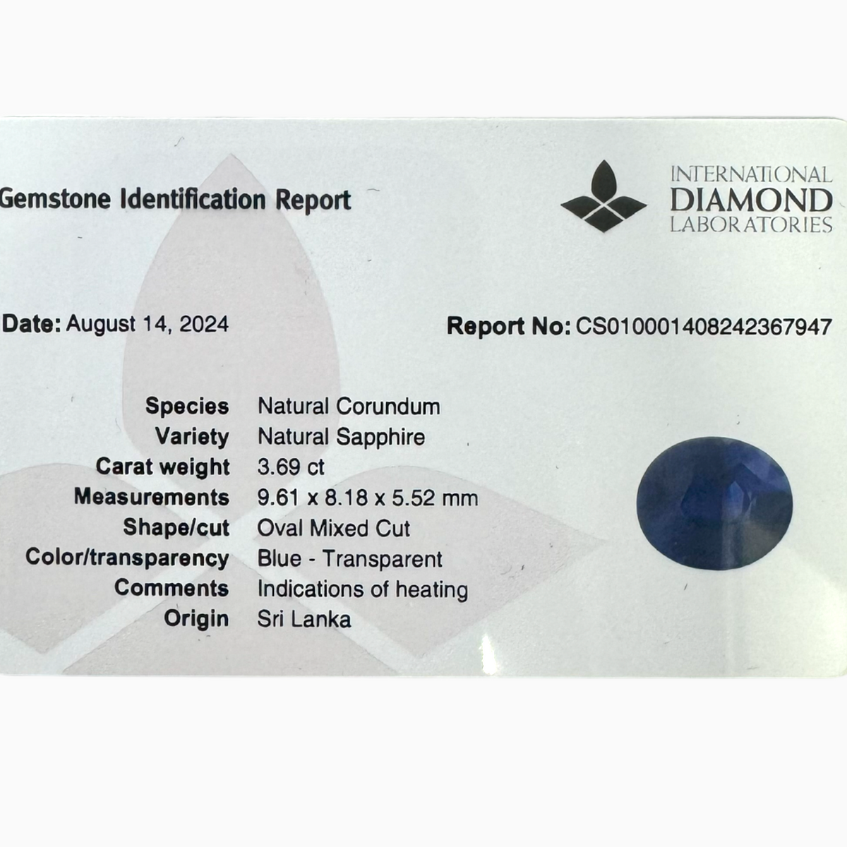 Natural Blue Sapphire Stone 3.69 carats Oval Shape 9.61X8.18mm IDL Certified