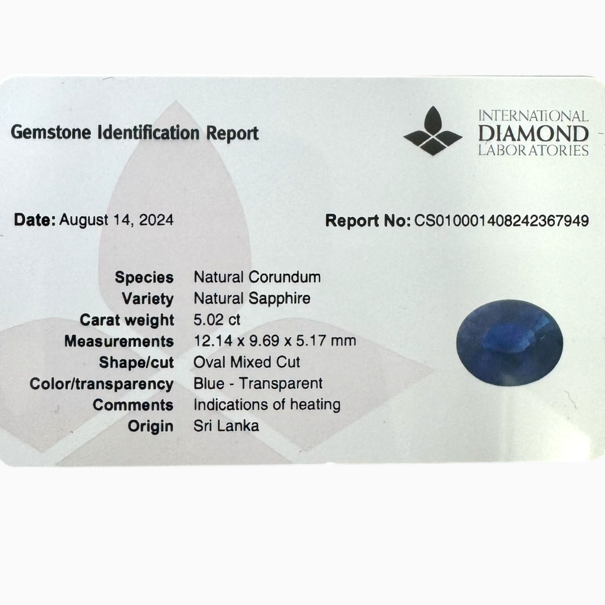 Natural Blue Sapphire Stone 5.02 carats Oval Shape 12.14X9.69mm IDL Certified