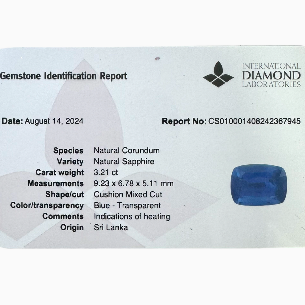Natural Blue Sapphire Stone 3.21 carats Cushion Shape 9.23X6.78mm IDL Certified