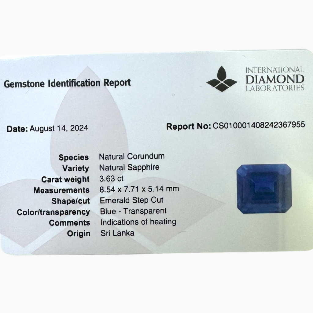 Natural Blue Sapphire Stone 3.63 Carats Emerald Cut 8.54X7.7mm IDL Certified