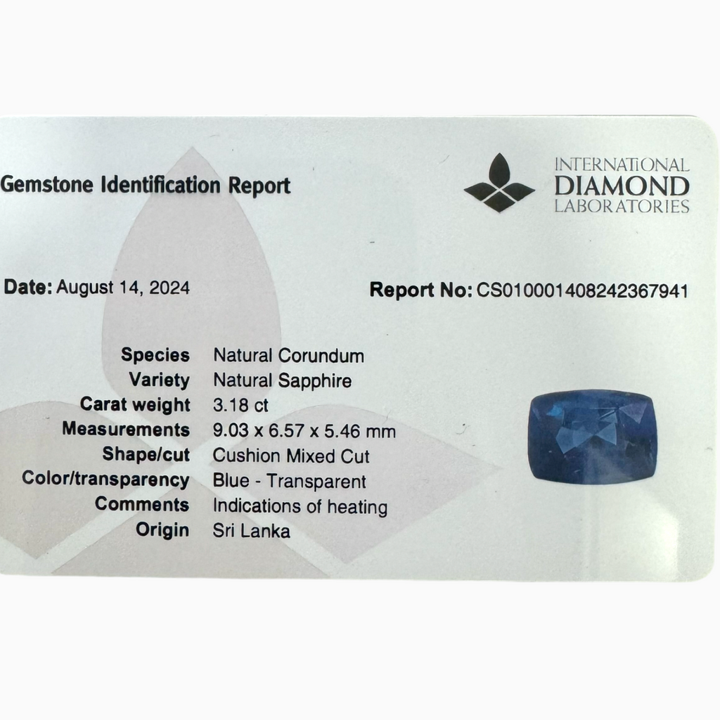 Natural Blue Sapphire Stone 3.18 Carats Cushion 9.03X6.67mm IDL Certified