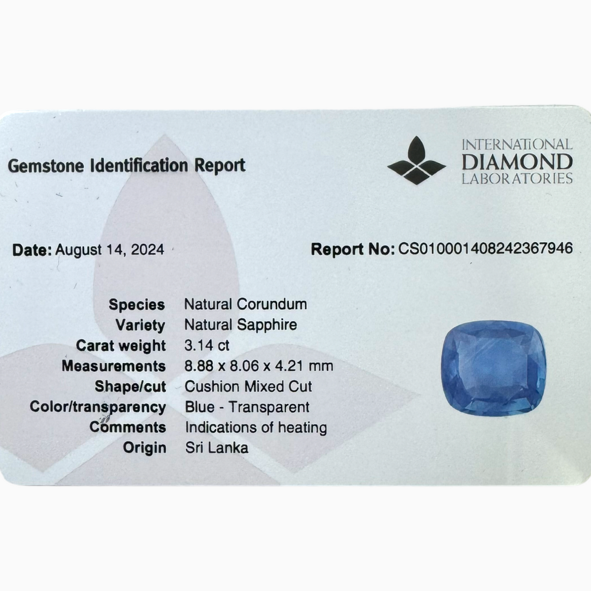 Natural Blue Sapphire Stone 3.14 Carats Cushion 8.88X6.06mm IDL Certified
