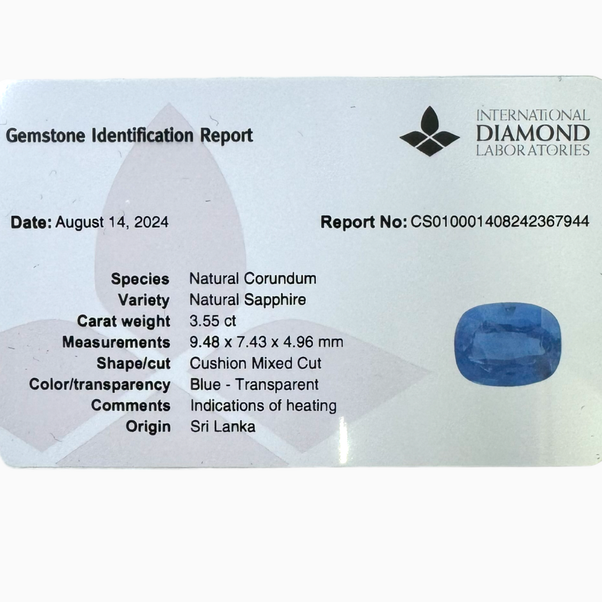 Natural Blue Sapphire Stone 3.55 Carats Cushion 9.48X7.43mm IDL Certified