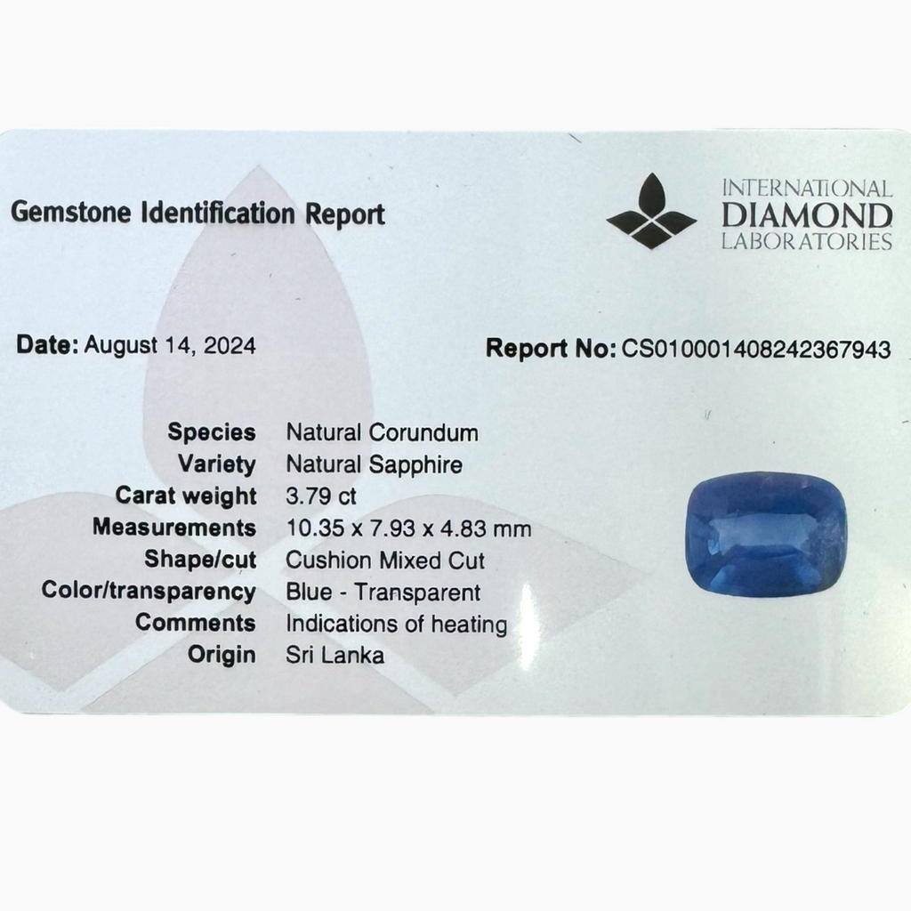Natural Blue Sapphire Stone 3.79 Carats Cushion Shape 10.35X7.93mm IDL Certified
