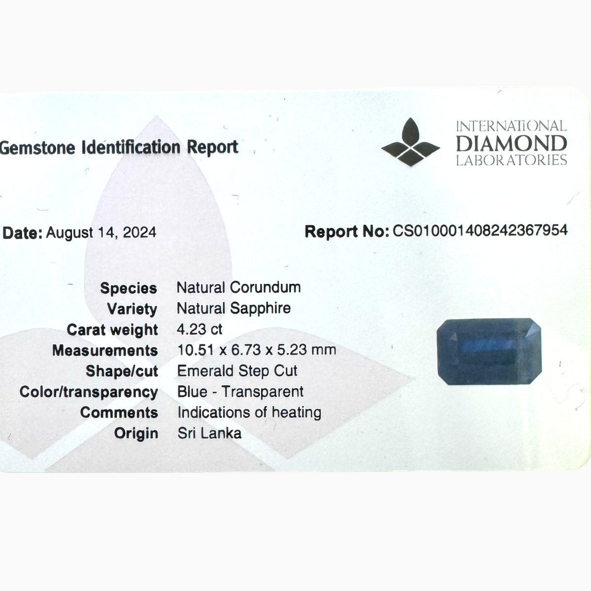 Natural Blue Sapphire Stone 4.23 Carats Emerald Cut 10.51X6.73mm IDL Certified