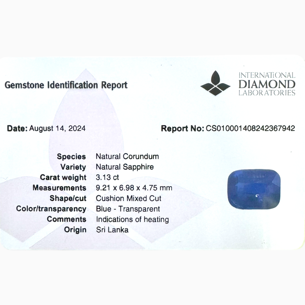 Natural Blue Sapphire Stone 3.13 Carats Cushion Shape 9.21X6.98mm IDL Certified