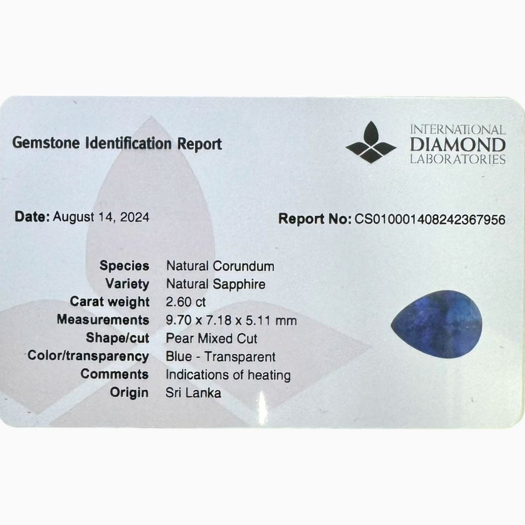 Natural Blue Sapphire Stone 2.60 Carats Pear Shape 9.70X7.18mm IDL Certified