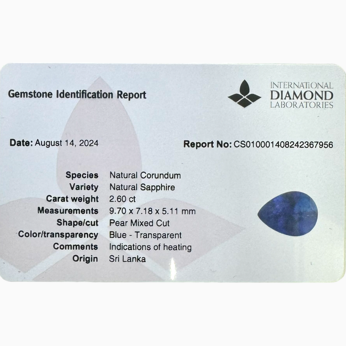 Natural Blue Sapphire Stone 2.60 Carats Pear Shape 9.70X7.18mm IDL Certified
