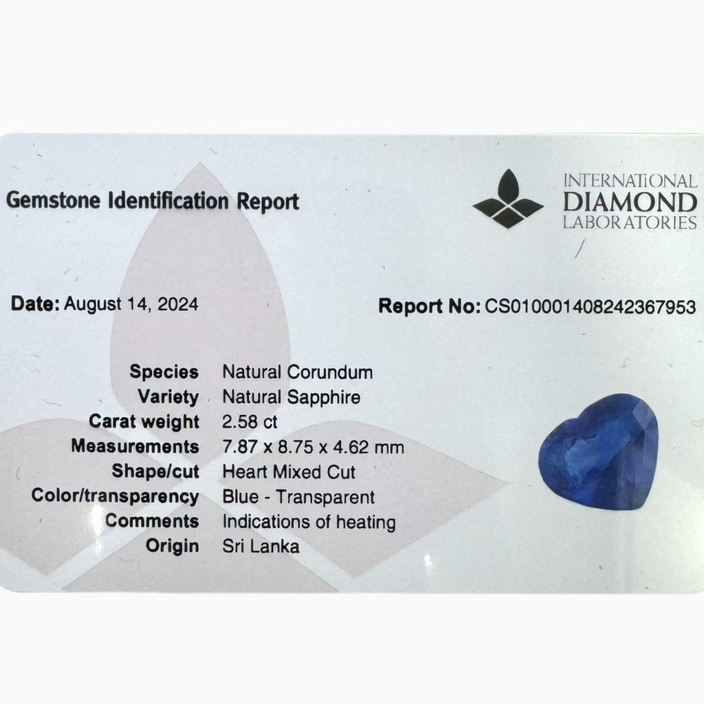 Natural Blue Sapphire Stone 2.58 Carats Heart Shape 7.87X8.75mmIDL Certified