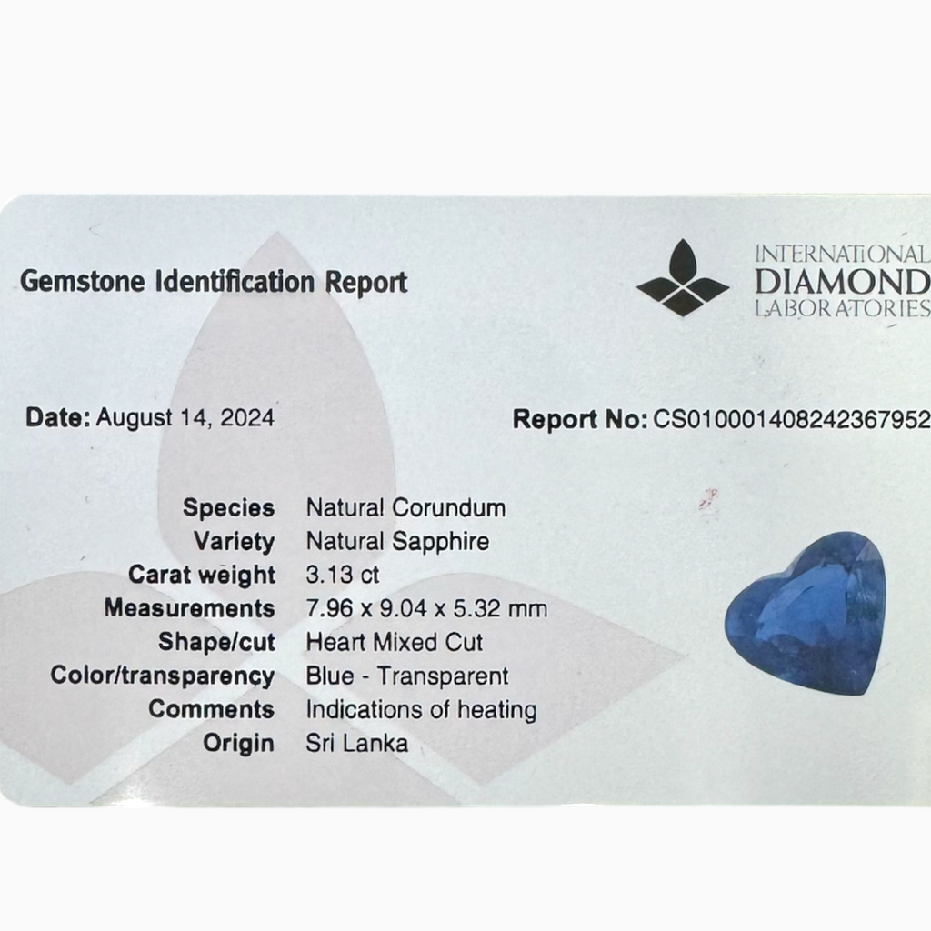 Natural Blue Sapphire Stone 3.13 Carats Heart Shape 7.96X9.04mm IDL Certified