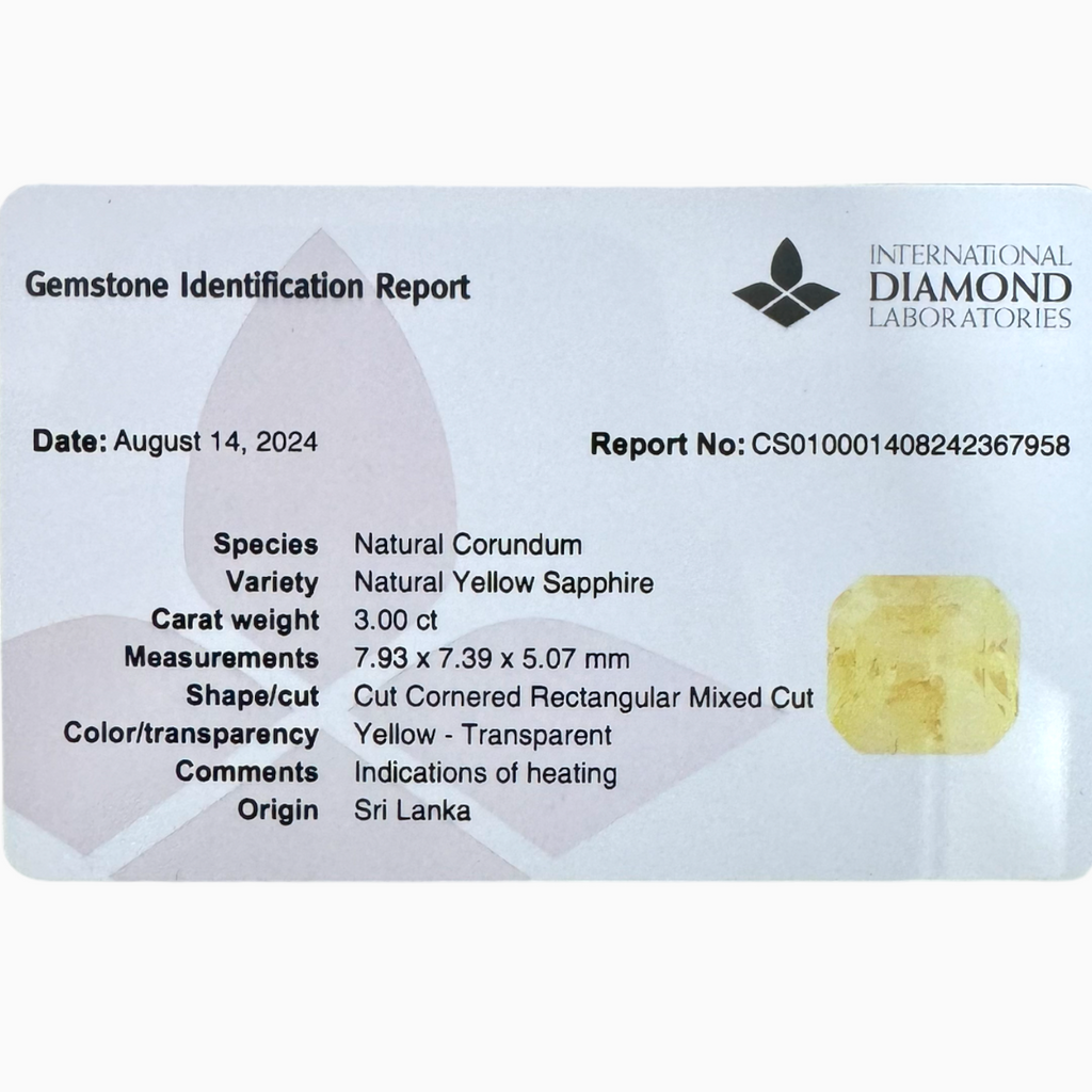 Natural Unheated Yellow Sapphire Stone 3.0 Carats Emerald Cut from Srilanka