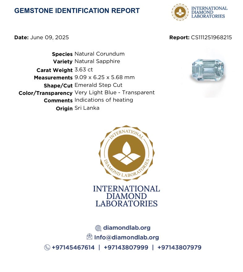 Pastel Blue Sapphire Emerald Cut 3.63 Carats 9.09X6.25X5.68 MM