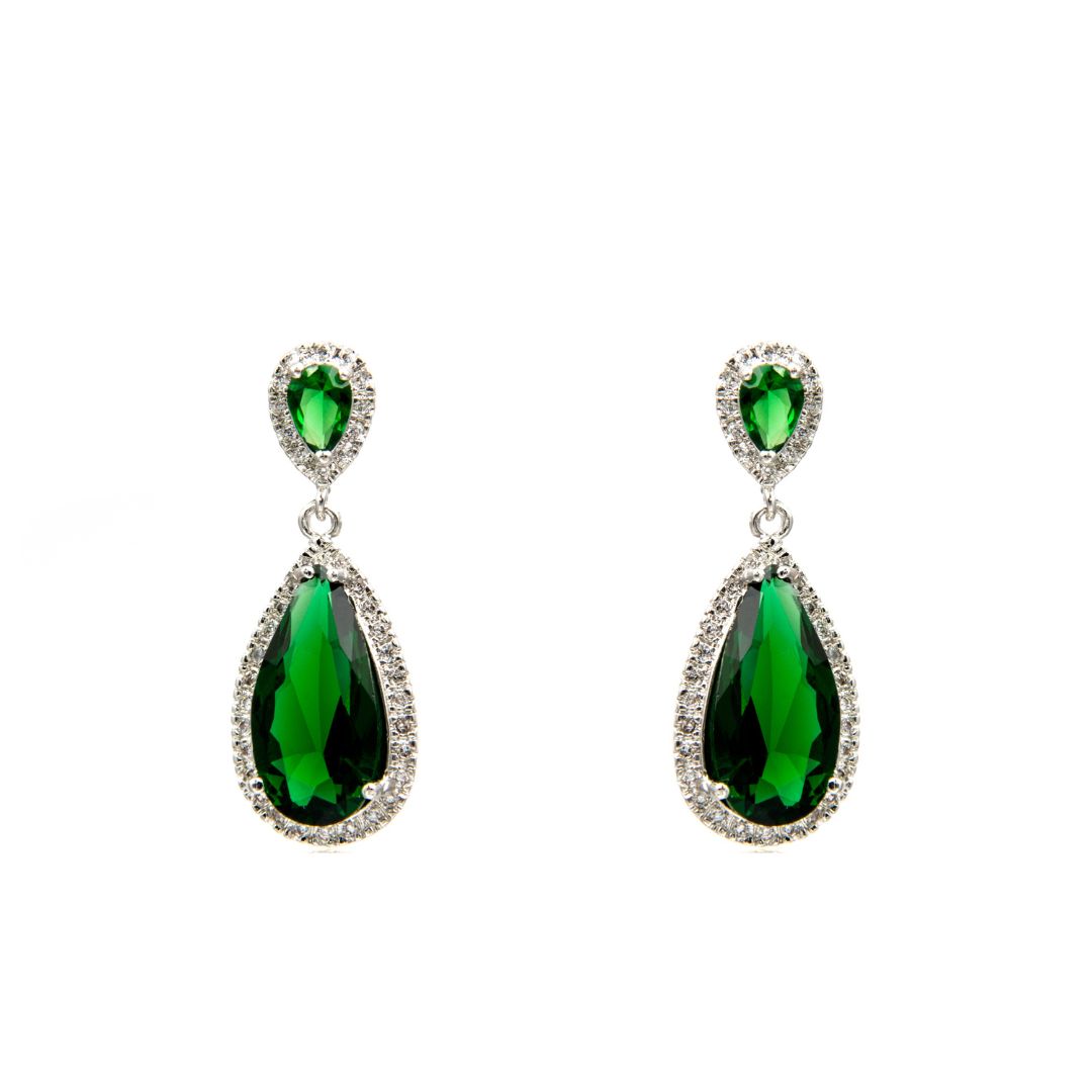 Modern Emerald Earrings with Double Stone in Silver Metal
