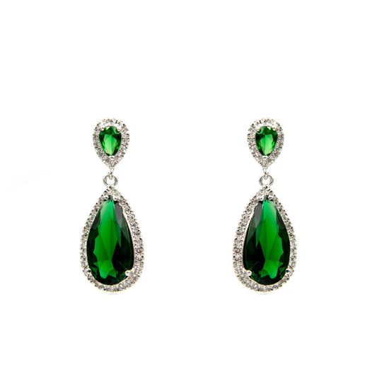 Modern Emerald Earrings with Double Stone in Silver Metal