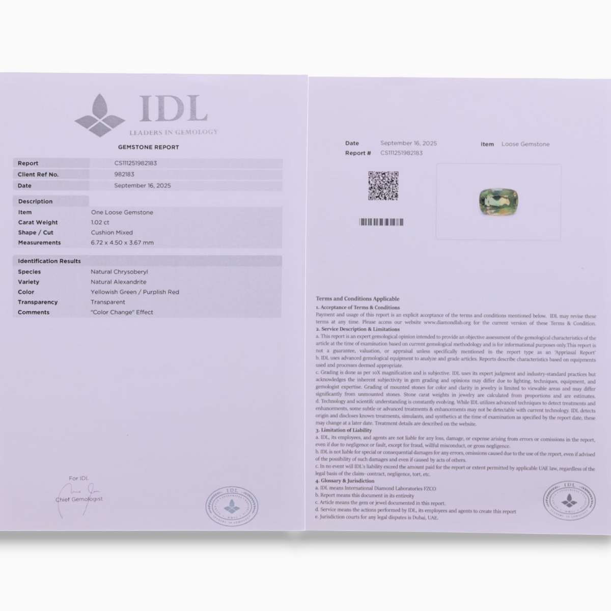 Natural Alexandrite Cushion 1.02 Carats 6.72x4.50×3.67mm Certified By IDL
