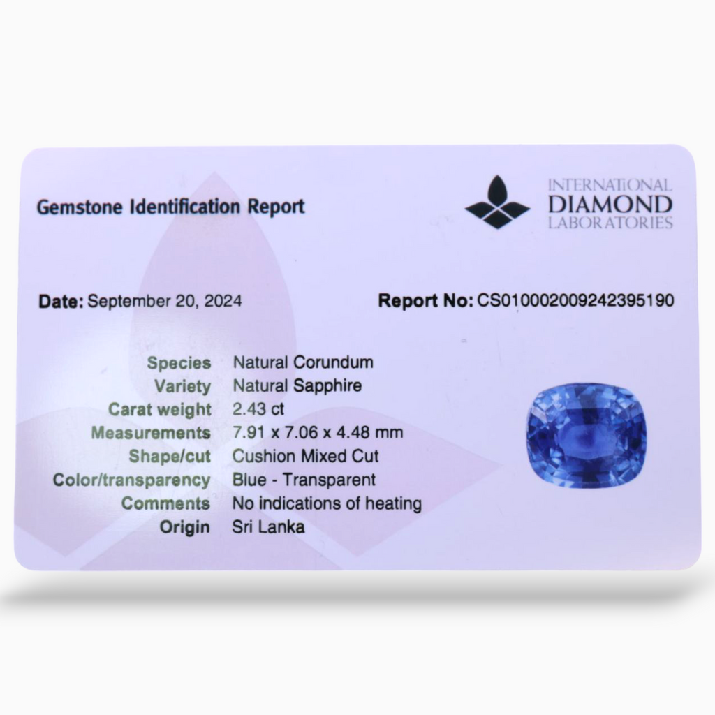 Natural Blue Sapphire 2.43 Carats Cushion Shape 7.91 x 7.06 x 4.48 mm Size Certified By IDL