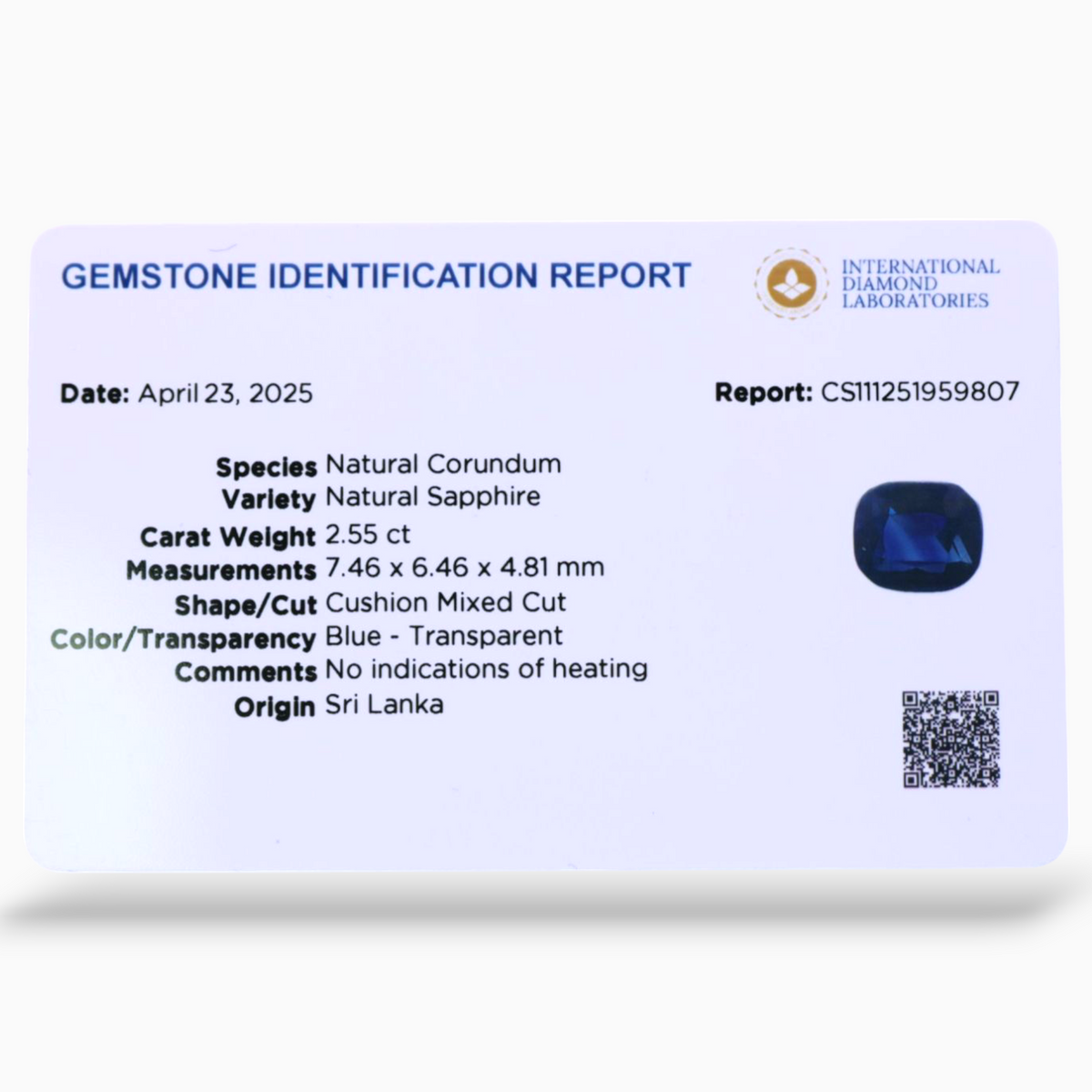 Natural Blue Sapphire 2.55 Carats Cushion Shape 7.46x6.46x4.81mm Size Certified By IDL
