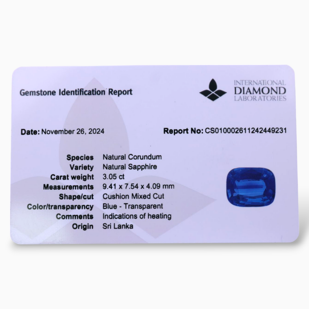 Natural Blue Sapphire 3.05 Carats Cushion Shape 9.41×7.54x4.09mm Size Certified By IDL