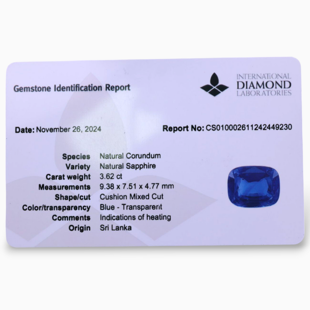 Natural Blue Sapphire 3.62 Carats Cushion Shape 9.38x7.51×4.77mm Size Certified By IDL