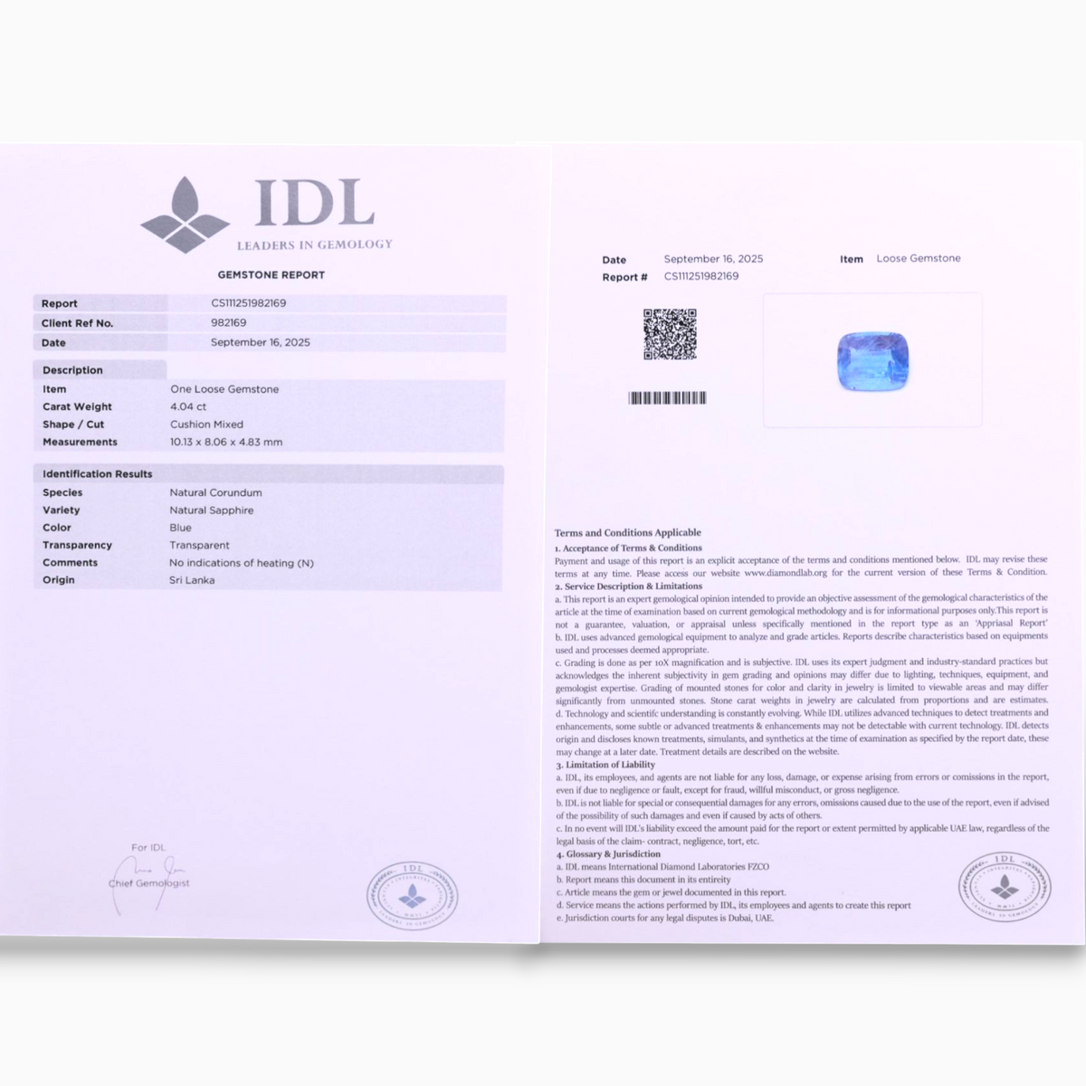 Natural Blue Sapphire 4.04 Carats Cushion Shape 10.13x8.06x4.83mm Size Certified By IDL