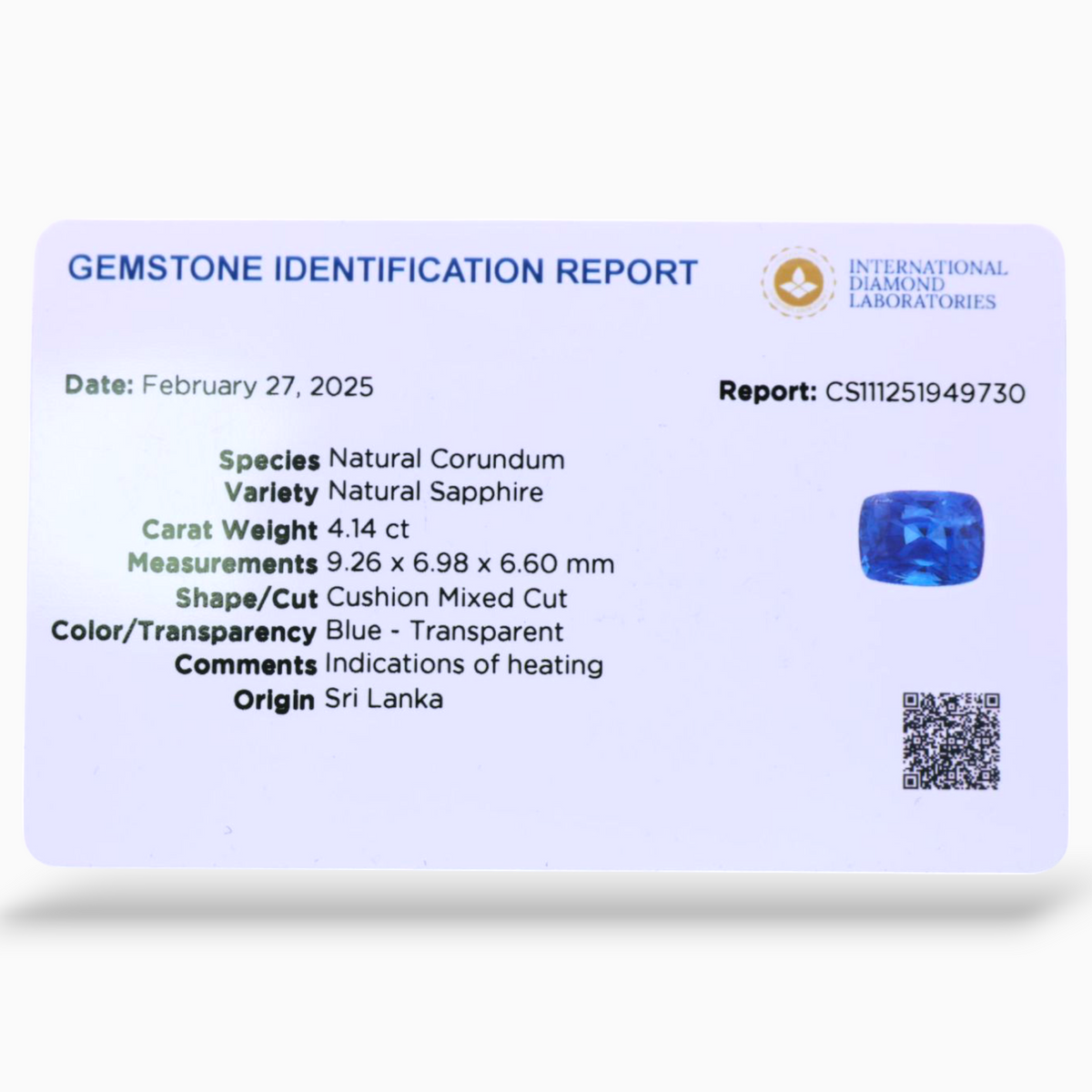 Natural Blue Sapphire 4.14 Carats Cushion Shape 9.26x6.98x6.60mm Size Certified By IDL