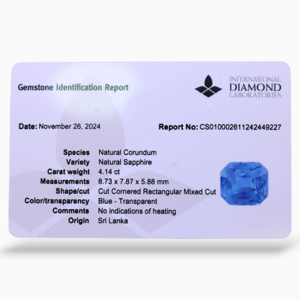 Natural Blue Sapphire 4.14 Carats Octagon Shape8.73 x 7.87 x 5.88 mm Size Certified By IDL